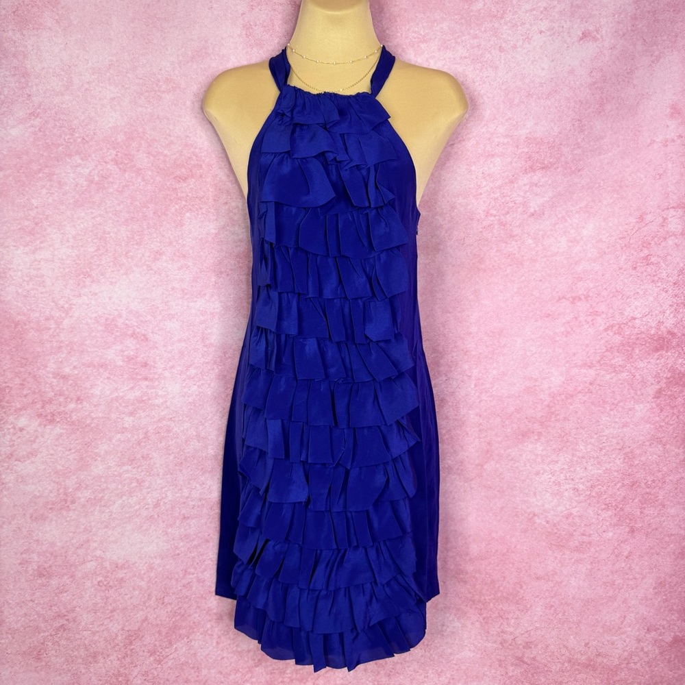 220. Anthropologie VA ET VIEN Silk Royal Blue Ruffle Halter Dress Size 4 - Picture 3 of 8